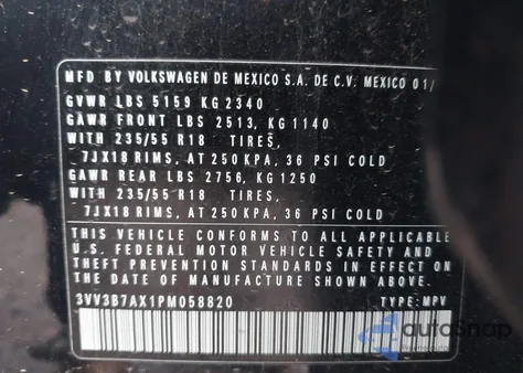 2023 Volkswagen Tiguan 2.0T Se z USA, uszkodzony, nr VIN 3VV3B7AX1PM058820